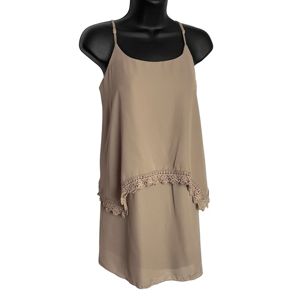 Vintage Cute by Daisy Womens Layered Tank Top Size S Taupe Lace Trim Boho Flowy